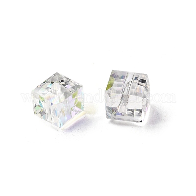 電気メッキガラスビーズ  キューブ  多面カット  半分メッキ  クリアAB  7x7x7mm  穴：1.6mm&nbsp;EGLA-G040-01A-AB01-1