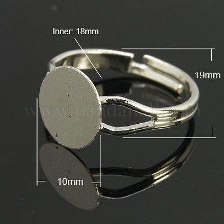 真鍮製リングパーツ  パッドリングパーツ  調整可能  プラチナカラー  18mm内径  トレイ：10mm&nbsp;KK-C3044-10mm-N-1