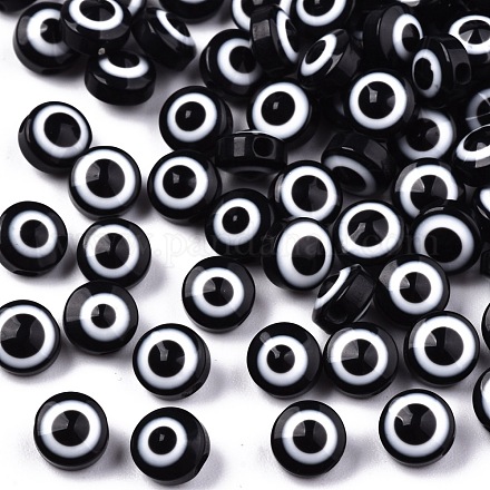 樹脂ビーズ フラットラウンド ナザールボンジュウ ブラック 6x4mm 穴:1.5mm RESI-S339-4x6-01-1