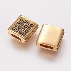 Brass Micro Pave Cubic Zirconia Beads, Cadmium Free & Lead Free, Square, Golden, 9x9x3.5mm, Hole: 2x5mm