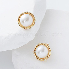 Half Round 304 Stainless Steel Stud Earrings, with Imitation Pearl, Golden, 18x18mm