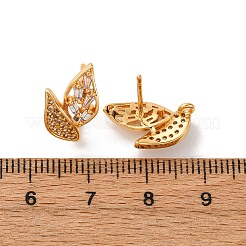 リーフ真鍮マイクロパヴェクリアキュービックジルコニアスタッドピアス金具  長持ちメッキ  ニッケルフリー  18KGP本金メッキ  16x9mm  穴：1.2mm  ピン：1mm&nbsp;KK-K382-32G