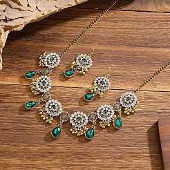 合金ラインストーンビブネックレス＆ダングルイヤリングセット  ティアドロップの花  ゴールドカラー  エメラルド  ネックレス：460ミリメートル&nbsp;FS-WG6751B-04