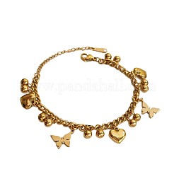 304ステンレススチールチャームブレスレット  女性用カーブチェーンブレスレット  蝶のハート  18KGP本金メッキ  6.69インチ（17cm）&nbsp;WGD269A-01
