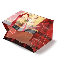 クリスマステーマのタータン不織布ギフトトートバッグ（ハンドル付き）  長方形  レッド  クリスマス鐘  展開：33x32x0.2cm  折りたたみ：32x17.5x24cm&nbsp;ABAG-G017-01A