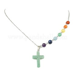 チャクラ天然グリーンアベンチュリン宗教クロスペンダント304ステンレススチールアズキチェーンネックレス（女性用）  ステンレス鋼色  16.54インチ（42cm）&nbsp;NJEW-JN06268-01