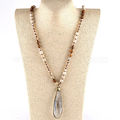 Bohemian Style Teardrop Glass Pendant Natural Picture Jasper & White Jade Round Beaded Long Necklaces for Women&nbsp;FS-WG767EC-04