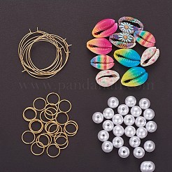 DIYピアス作り  304ステンレススチールフープピアス/丸カン  模造パールアクリルビーズとスプレーペイントカウリーシェルビーズ  カラフル  35x0.7mm&nbsp;DIY-X0098-33