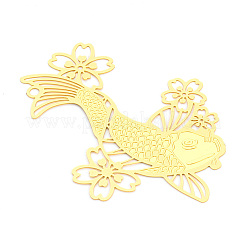 ブラスフィリグリービッグペンダント  花と金魚  エッチングされた金属装飾  カドミウムフリー＆ニッケルフリー＆鉛フリー  18KGP本金メッキ  60x48.5x0.3mm  穴：2.2mm&nbsp;KKC-T003-06G