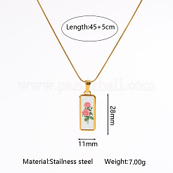 花柄プリントの304ステンレススチール製幾何学模様ペンダントネックレス（女性用）  ゴールドカラー  ホワイト  長方形  17.72インチ（45cm）  ペンダント：28x11mm&nbsp;WG37CA3-04