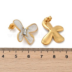 304ステンレススチール製バタフライスタッドピアス  ラインストーン＆エナメル  18KGP本金メッキ  ホワイト  18.5x23mm&nbsp;EJEW-S268-01G-B