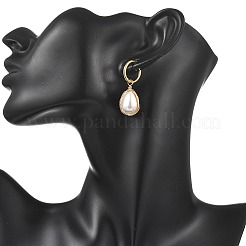 女性用電気メッキシェルパールフープドロップピアス  304ステンレススチールのフープピアス付き  ティアドロップ  ゴールドカラー  31.5~36.5x9.5~14.5mm  3のペア/セット&nbsp;EJEW-JE07266