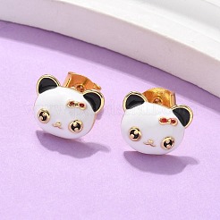 女性のための真鍮エナメル スタッド イヤリング  18KGP本金メッキ  パンダ  12x9.5mm&nbsp;LS-EJEW-U049-02A-G