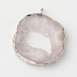 天然のGeode瑪瑙ドゥルージースライスペンダント  ナゲット  真鍮パーツ  銀  18~48x28~70x6~9mm  穴：2mm&nbsp;G-L461-04C
