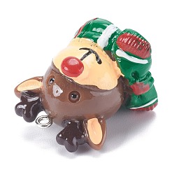 樹脂チャーム  プラチナパイテッドアイアンペグベイル付き  クリスマスの日のために  トナカイ  ブラウン  27x25x23mm  穴：2mm&nbsp;RESI-M021-04