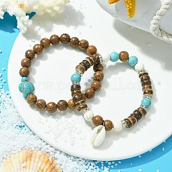 2 個 2 スタイル合成ターコイズ亀 & 天然ココナッツストレッチブレスレットセット  天然シェルチャーム 重ね付けブレスレット  内径：2-1/8インチ（5.5cm）  1個/スタイル&nbsp;BJEW-JB09808