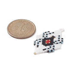 手作りの織機模様 シード ビーズ  菱形とクモのペンダント  白と黒  42x26.5x1.5mm  穴：1.5mm&nbsp;PALLOY-MZ00141