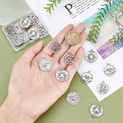 24個4スタイルチベットスタイルアロイペンダント  フラットラウンド  アンティークシルバー  23~25x20~21.5x2~3mm  穴：1.6~2mm  6個/スタイル&nbsp;TIBEP-BC0001-01