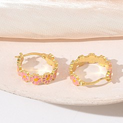 女性用真鍮エナメルフープピアス  花  ラックめっき  長持ちメッキ  鉛フリー＆カドミウムフリー  18KGP本金メッキ  ピンク  18.5x5.5mm&nbsp;EJEW-A167-27A-02