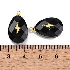 天然石オブシディアンペンダント  ラックメッキを施したファセット加工の卵型チャーム、金メッキの真鍮スライス  鉛フリー＆カドミウムフリー  21x12.5x8mm  穴：1.5mm&nbsp;G-B089-01G-01
