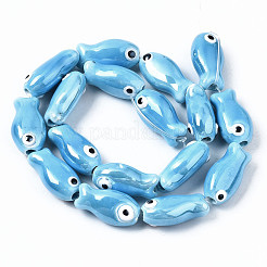 手作りの磁器セラミックビーズ連売り  手描き  光沢釉の磁器  魚  ドジャーブルー  19x10x8mm  穴：1.5mm  約17個/連  12.40インチ（31.5cm）&nbsp;PORC-T006-03P