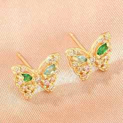 真鍮製 マイクロパヴェ キュービックジルコニア スタッドピアス 女性用  蝶  カドミウムフリー＆鉛フリー  長持ちメッキ  ラックめっき  18KGP本金メッキ  グリーン  10.5x13mm&nbsp;KK-A305-09G-05