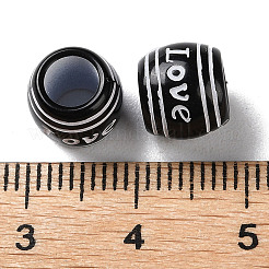 スプレープリントの不透明アクリルヨーロピアンビーズ  大穴ビーズ  ワード愛とバレル  ホワイト  9x8mm  穴：5mm  約2000個/500g&nbsp;SACR-P031-33B-01