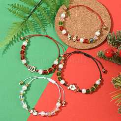 クリスマス合金エナメルリンクブレスレット4個  ガラスとガラスパールビーズの編み込みビーズブレスレット（女性用）  ミックスカラー  内径：1-3/8~3-1/2インチ（3.5~9cm）&nbsp;BJEW-FS00032