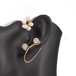 Natural Rose Quartz & Pearl Braided Flower Cuff Earrings&nbsp;EJEW-JE04957-02