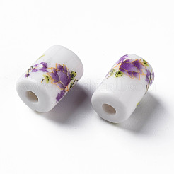 花柄プリントの磁器ビーズ  花柄の円柱型セラミックビーズ  暗紫色  12.5x8.5mm  穴：3mm&nbsp;PORC-T007-12