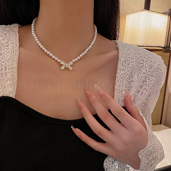 Bowknot Plastic Imitation Pearl Beaded Pendant Necklaces & Stud Earrings Sets&nbsp;WGC8EC3-03