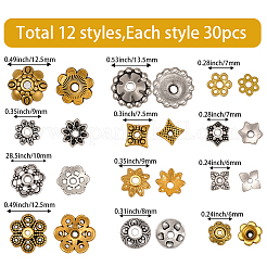 360個12スタイルの合金ビーズキャップ  花  アンティークシルバー＆ゴールデン  5.5~13.5x6~13.5x1.5~4mm  穴：1.5~2mm  30個/スタイル&nbsp;FIND-PA0001-15