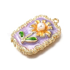 合金エナメルチャーム  ABSの模造パールと  花のチャームが付いた長方形  ラックめっき  長持ちメッキ  鉛フリー＆カドミウムフリー＆ニッケルフリー  ゴールドカラー  プラム  27x19x6mm  穴：1.5mm&nbsp;ENAM-K076-02C-G