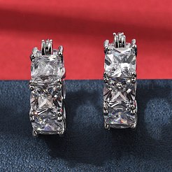 Square Brass Micro Pave Clear Cubic Zirconia Hoop Earrings&nbsp;EJEW-H108-07P