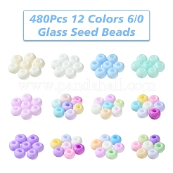 480個12色6/0ガラスシードビーズ  マカロンカラー  丸い穴  ラウンド  ミックスカラー  4~4.5x3mm  穴：1~1.2mm  40個/カラー&nbsp;SEED-FS0001-27