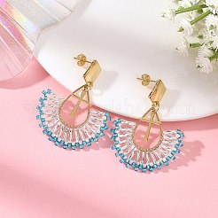 304ステンレススチール製、ガラスシードビーズ付きフープピアス  クロスとティアドロップ  ゴールドカラー  ミックスカラー  44.5x33.5mm&nbsp;EJEW-MZ00824