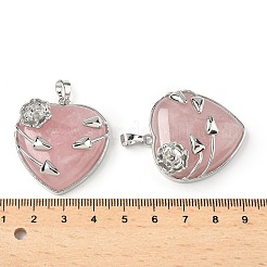 天然ローズクォーツのハートペンダント  真鍮の花で包まれたラブチャーム  プラチナ  35x32x11.5mm  穴：8x5mm&nbsp;G-S391-01P-G