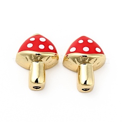 メッキ真鍮エナメルビーズラック  カドミウムフリー＆鉛フリー  18KGP本金メッキ  キノコ  クリムゾン  14x11x7mm  穴：1.7mm&nbsp;KK-E060-06G