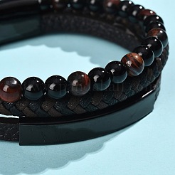 Natural Tiger Eye & Glass Round Beaded Bracelets&nbsp;BJEW-G732-02B