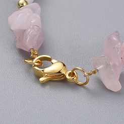 天然ローズクォーツチップビーズブレスレット  シェルパールラウンドビーズと  真鍮ビーズと304ステンレススチールのロブスタークロウ留め金  7-1/4インチ（18.5cm）&nbsp;BJEW-JB04933-01