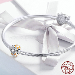925スターリングシルバーヨーロピアンビーズ  エナメル  大穴ビーズ  蜂とフラットラウンド  アンティークシルバー  10x8mm  穴：4.2~4.5mm&nbsp;STER-FF0009-22AS