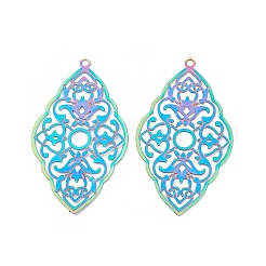 304ステンレスペンダント  エッチングされた金属装飾  ひし形の花のチャーム付き  虹色  42.5x24x0.3mm  穴：1.6mm&nbsp;STAS-B038-02MC