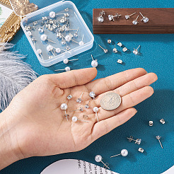 40個 5スタイル ABSプラスチック イミテーションパール & クリアキュービックジルコニア スタッドピアス金具  スターリングシルバーのピン925本と水平ループ付き  50個の鉄製イヤーナット付き  プラチナ  5.5~9x4.5~8mm  ピン：0.7mm  穴：0.8~1.2mm  8個/スタイル&nbsp;EJEW-TA0001-08
