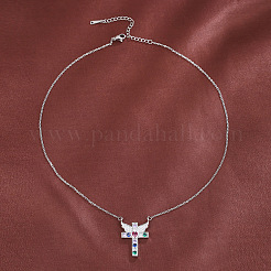 Brass Pave Colorful Cubic Zirconia Cross with Angel Wings Pendant Necklaces for Women&nbsp;WGF2102-02