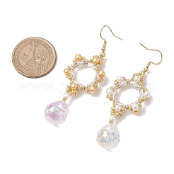 ガラスダングルピアス  アクリル模造真珠ビーズと304ステンレススチールのイヤリングワイヤー付き  花  ゴールデンロッド  71x23mm&nbsp;EJEW-MZ00255-03