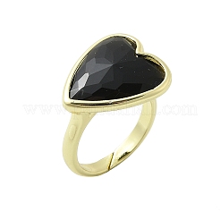 ハート真鍮天然黒曜石指輪  長持ちメッキ  20x18mm  内径：18mm&nbsp;RJEW-D304-01G-G