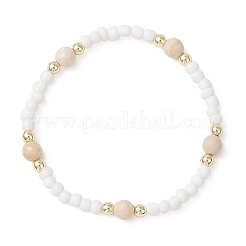 Natural Fossil & Glass Round Beaded Stretch Bracelets for Women&nbsp;BJEW-JB13308-01