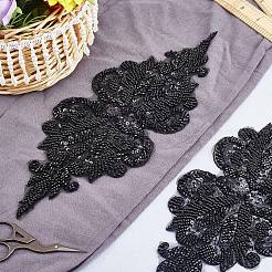 花柄ガラスビーズビーズアップリケ  ポリエステルレースのアップリケ  スパンコール  ブラック  120x305x3mm&nbsp;DIY-WH0297-44B