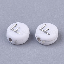 メッキアクリルビーズ  シルバーライン入り  水平穴  アルファベット付きフラットラウンド  ホワイト  文字.f  7x4mm  穴：1.2mm  約3600個/500g&nbsp;PACR-R243-04F