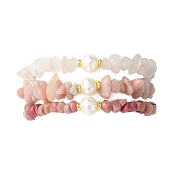 3Pcs 3 Styles Natural Mixed Gemstone Chip & Cultured Freshwater Pearl Beaded Stretch Bracelets Set for Women&nbsp;BJEW-JB13762-04